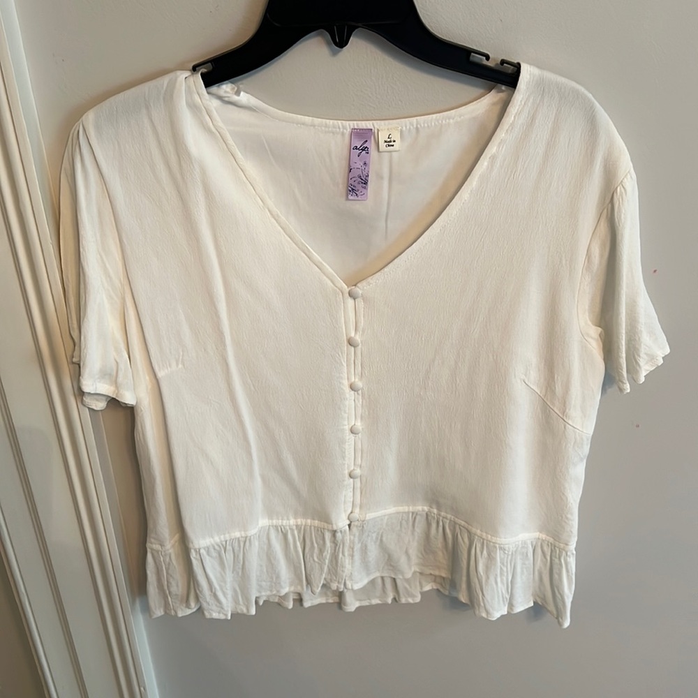 Alya Button Down Ruffle Bottom White Blouse